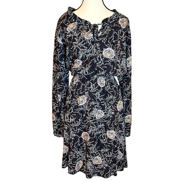 LOFT PLUS Black Floral Print Elastic Waist Tie Neck Long Sleeve Dress Size 18 - Picture 1 of 8